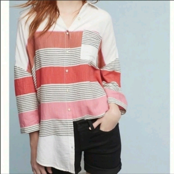 Holding Horses Anthro Monroe Striped Button Down Oversized Top Blouse Size XS/S - Picture 1 of 8